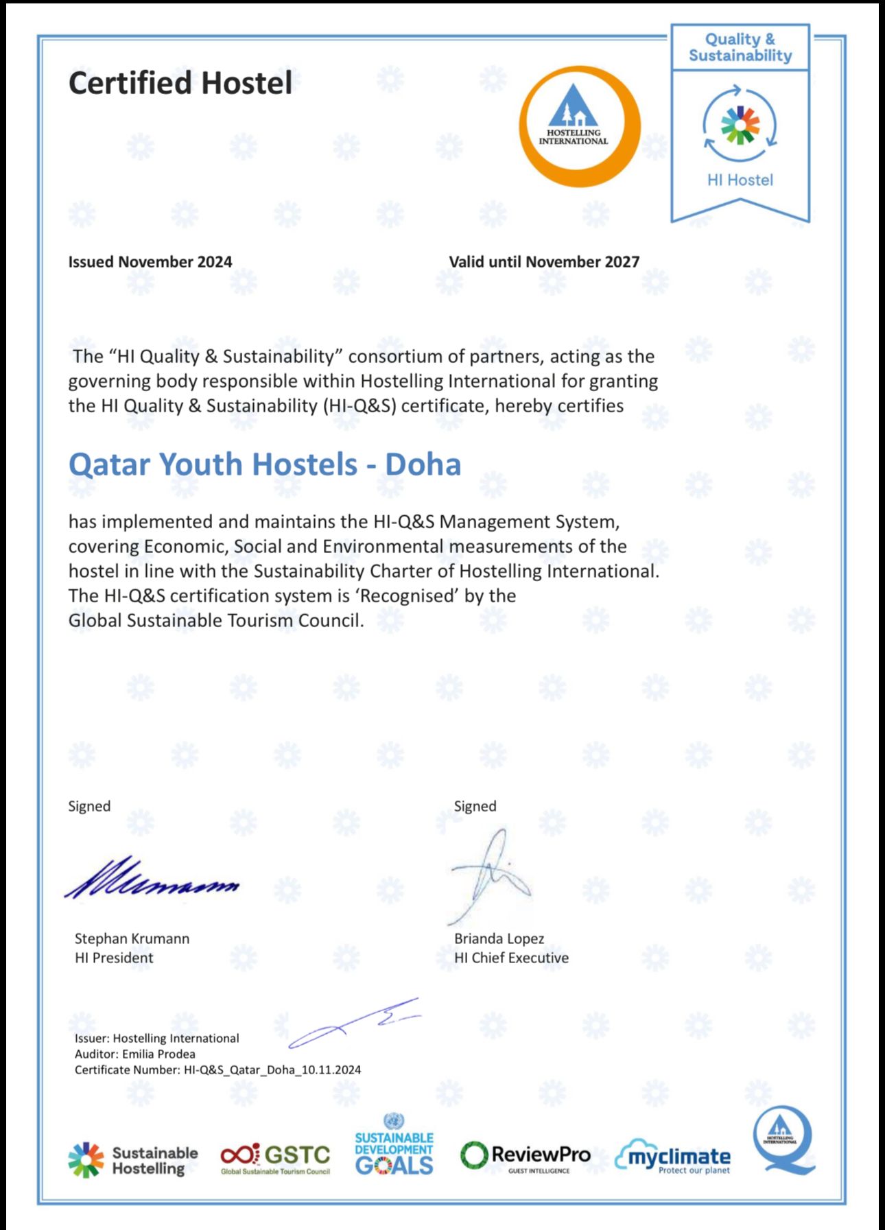 Qatar Youth Hostels Certificates